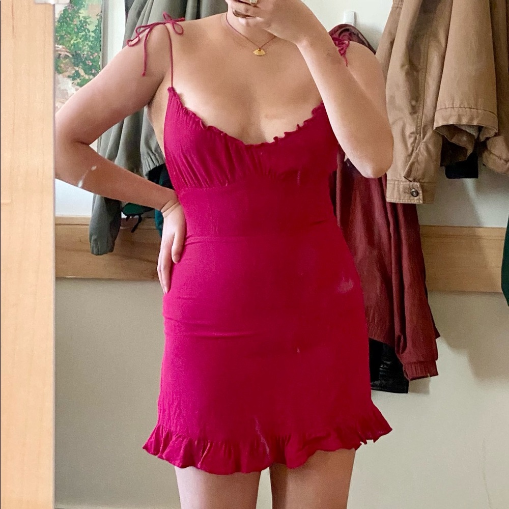 reformation red mini dress frilled hem ruched back — on hold